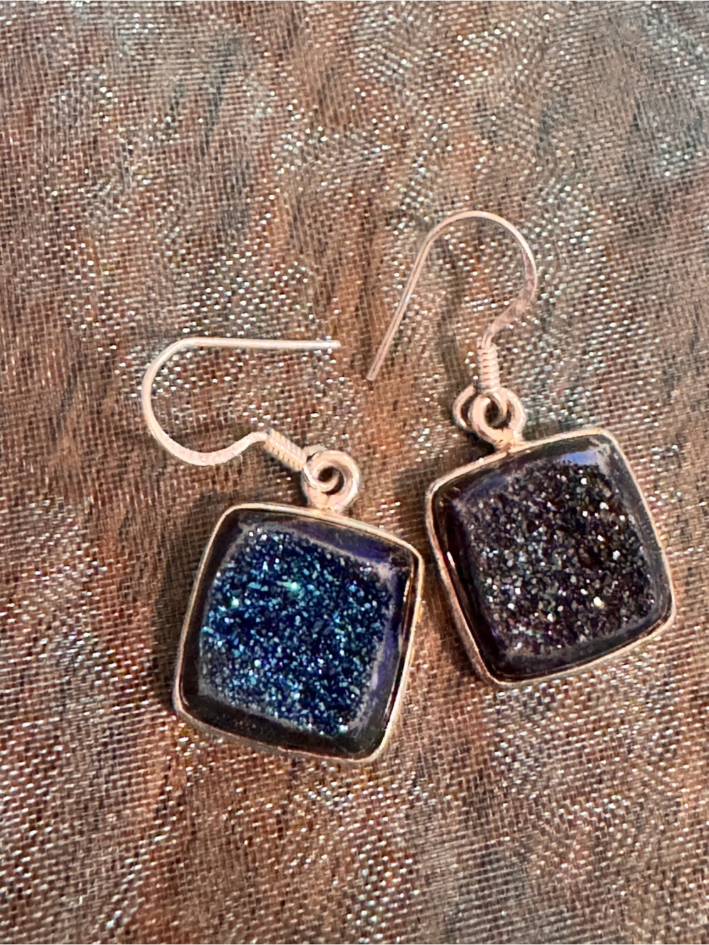 Sterling Silver Blue Druzy Square Drop Earrings